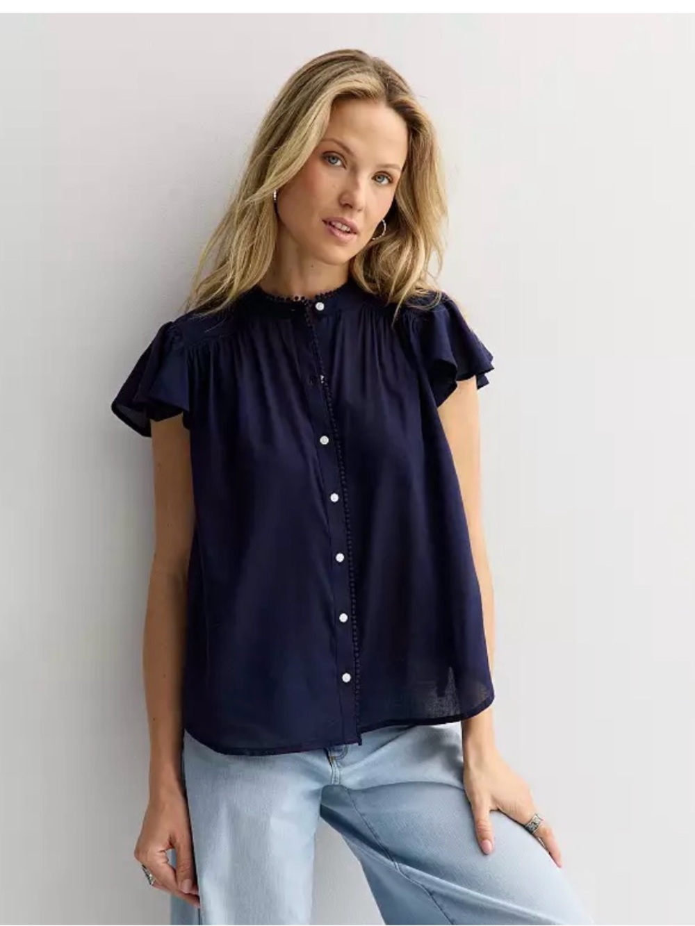 Short-Sleeve Navy Button-Front Ruffle Yoke Blouse